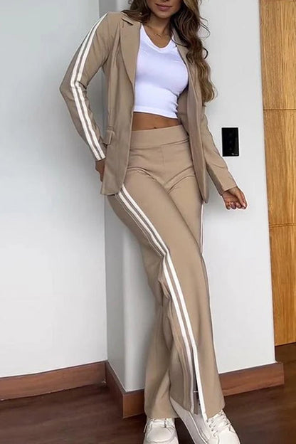 Color Block Open Front Blazer Elastic Waist Slit Wide Leg Pants Set
