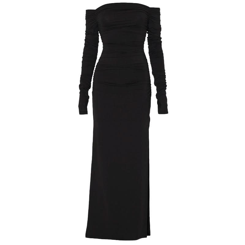 Off shoulder long sleeve slit ruched maxi dress