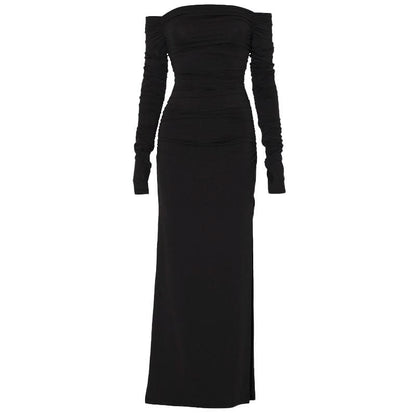 Off shoulder long sleeve slit ruched maxi dress