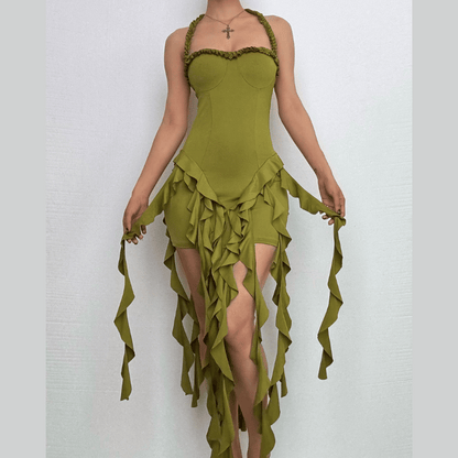 Halter ruffle sweetheart neck solid midi dress