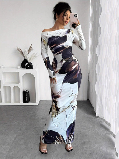 Milk Silk Printed Off-the-shoulder Long Dress