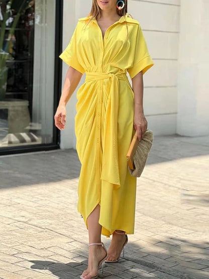 Lapel Shirt Dress Short-sleeved Single-breasted High-waisted Maxi Dresses