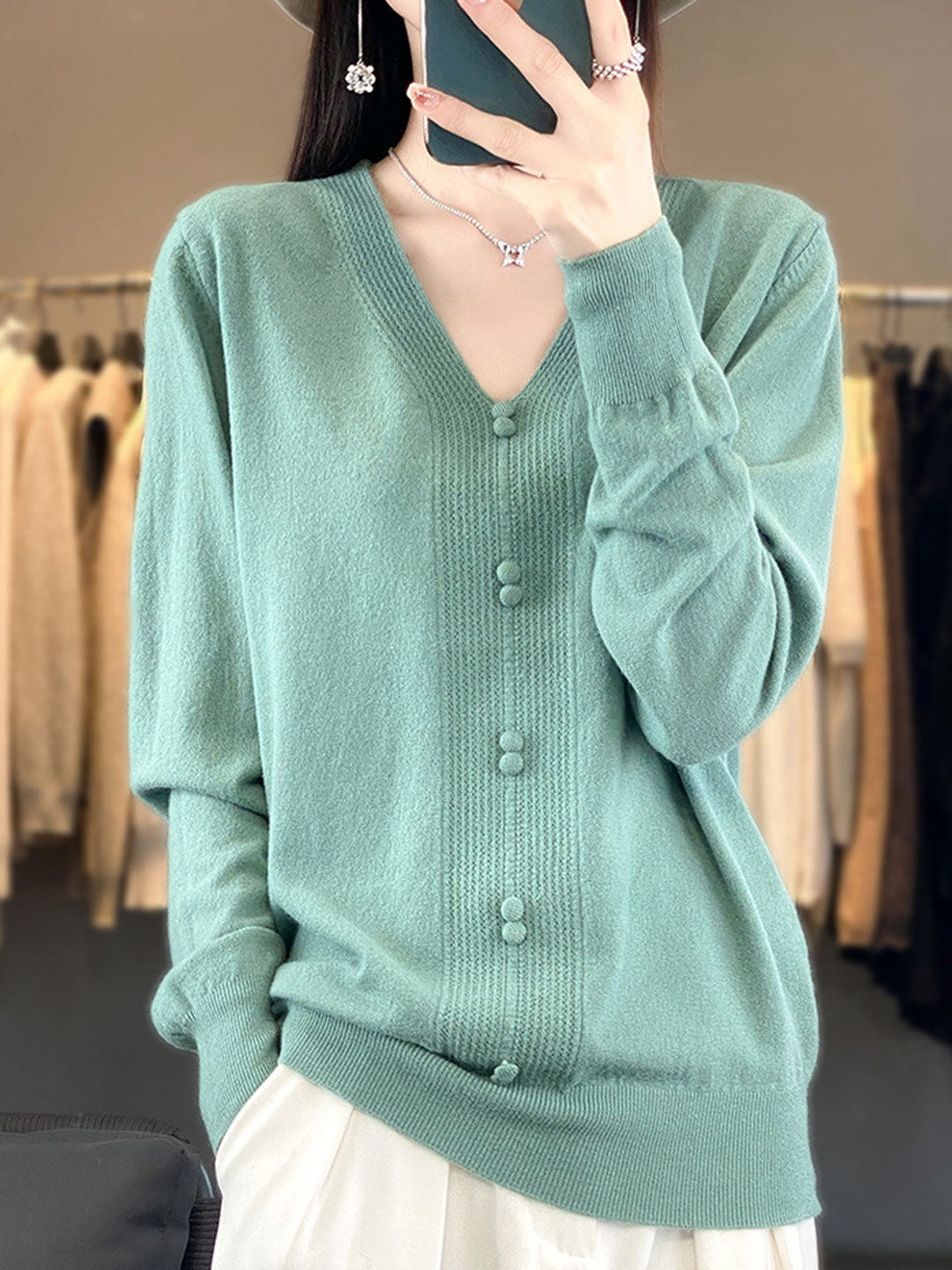 Abigail Casual V-neck Loose Knitted Sweater-Green