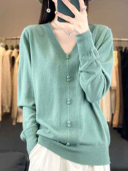 Abigail Casual V-neck Loose Knitted Sweater-Green