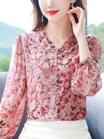 Genesis Loose V-Neck Chiffon Printed Floral Top