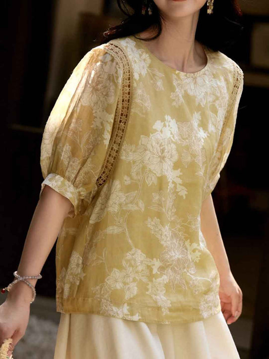 Ava Retro Crew Neck Lantern Sleeve Printed Top