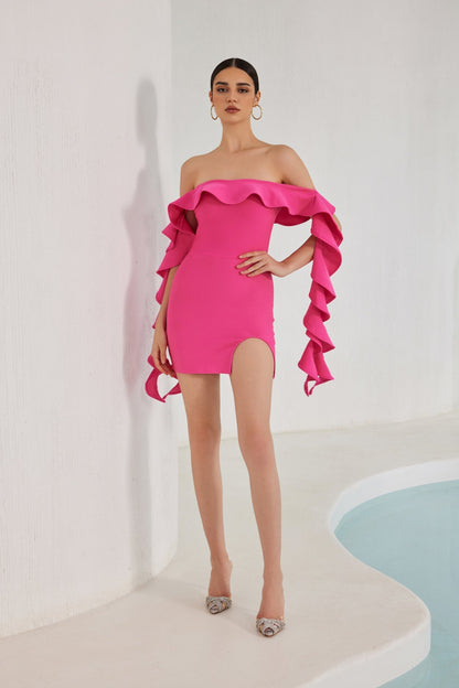 Nessa Off Shoulder Ruffle Mini Bandage Dress - Pink