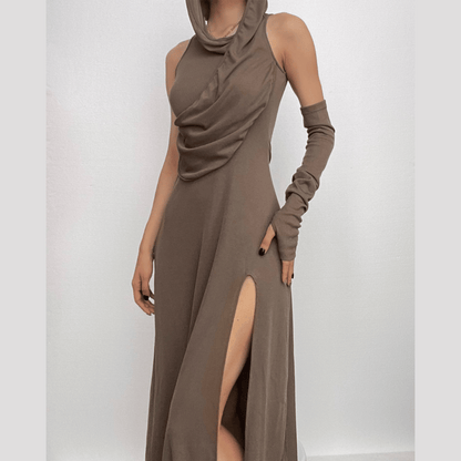 Hooded Ruched Diagonal Drape Detached Sleeve Slit Maxi Dress