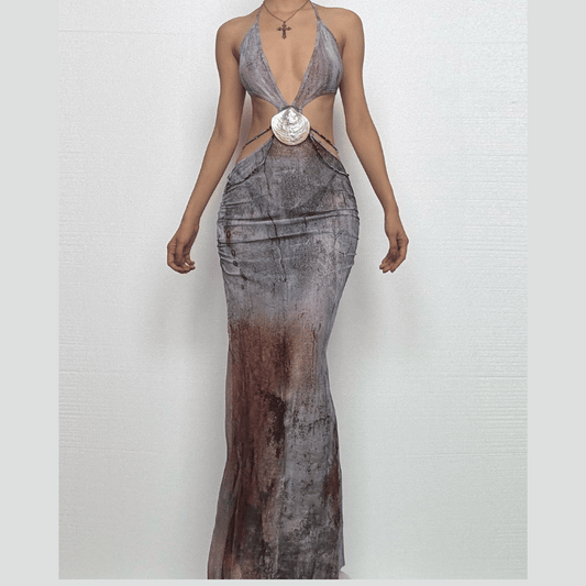 Halter self tie deep V neck sheer mesh shell applique maxi dress