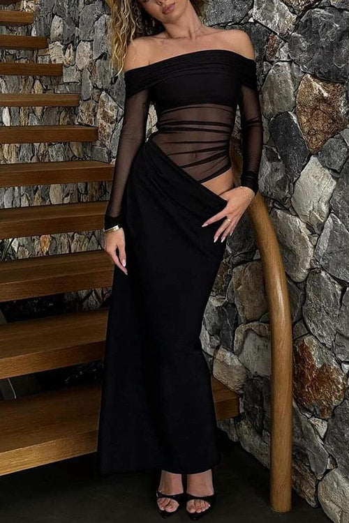 Off Shoulder Long Sleeves Mesh Splice Maxi Dress