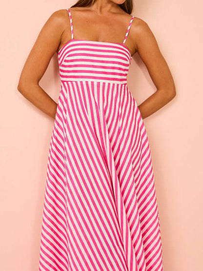 Striped Spaghetti Strap Square Neck Chevron Panel Maxi Dress