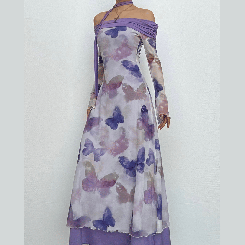 Off shoulder long flared sleeve butterfly print mesh maxi dress