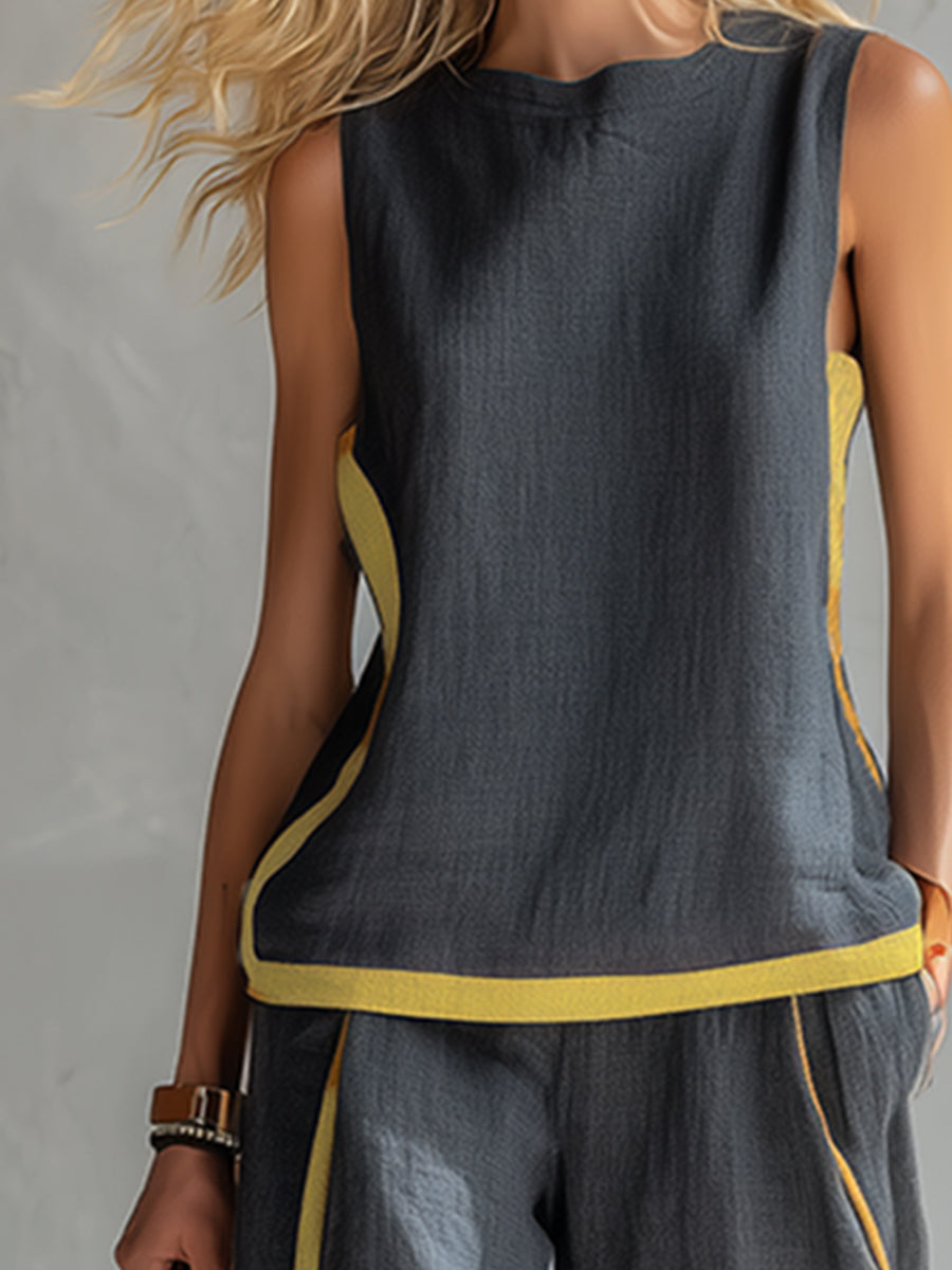 Women’s Linen Two Piece Set - Sleeveless Casual Summer Outfit