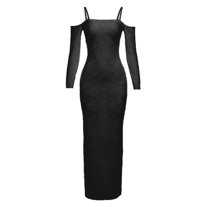 Long sleeve off shoulder textured solid maxi dress