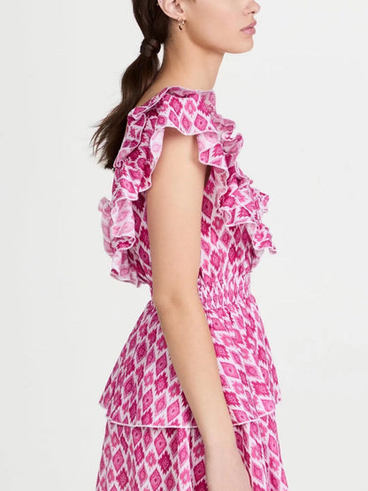 Pink V Neck Sleeveless Double Layer Print Dress