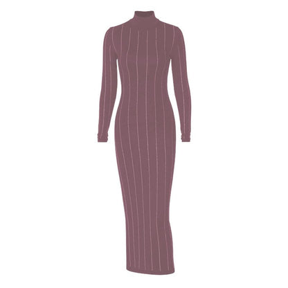 Mock Neck Long Sleeve Rhinestone Pinstripe Bodycon Midi Dress