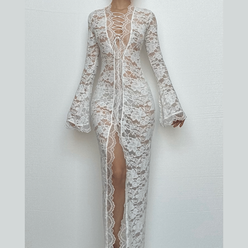Long sleeve lace cross front slit maxi dress