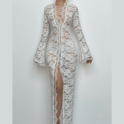 Long sleeve lace cross front slit maxi dress