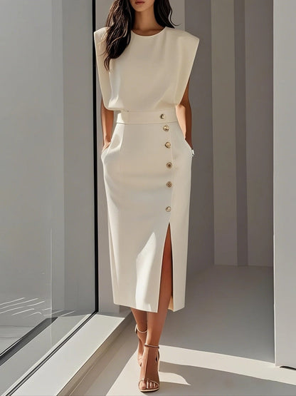 Crew Neck Waist Slit Metal Buttons Sleeveless Midi Dresses