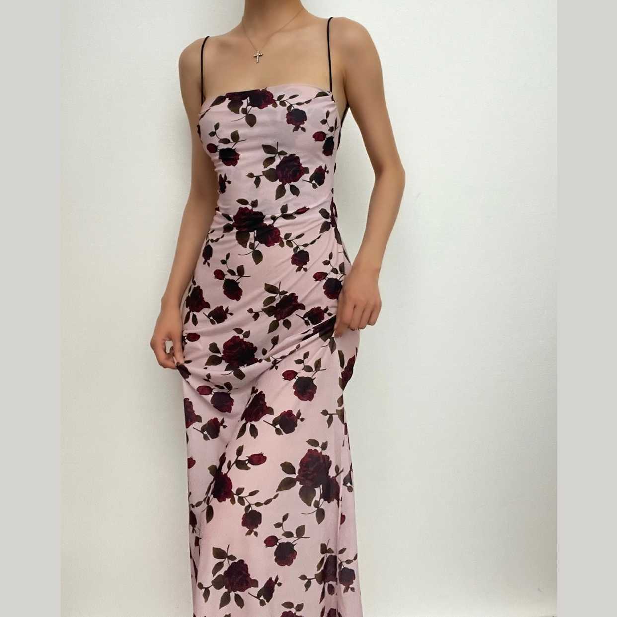 Floral Print Square Neck Spaghetti Strap Back Lace Up Maxi Dress