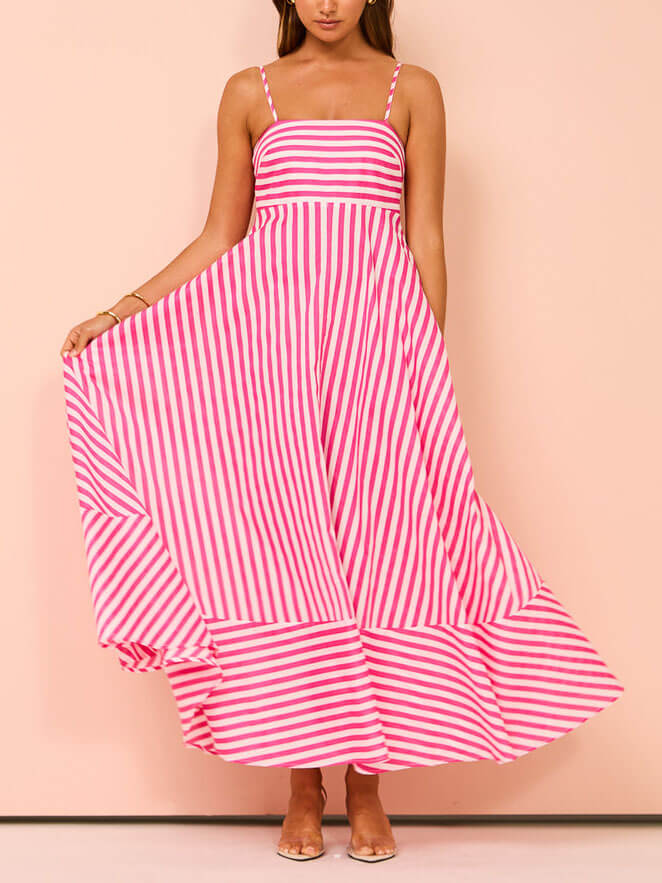 Striped Spaghetti Strap Square Neck Chevron Panel Maxi Dress