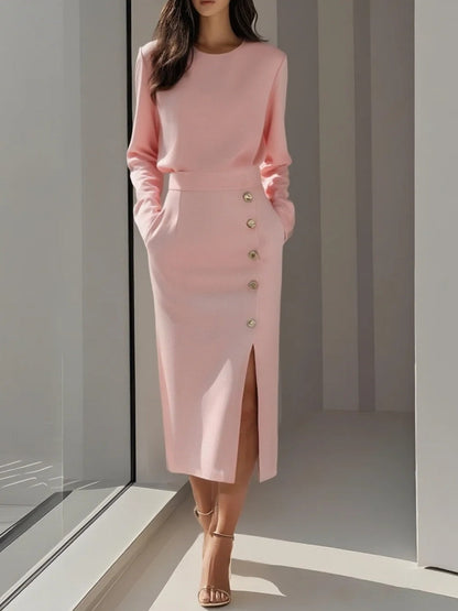 Long-sleeved, Solid Color, Round Neck, Fitted Waist, Button-down, Slit Midi Dress