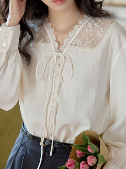 Aubrey Vintage V-neck Patchwork Lace Shirt