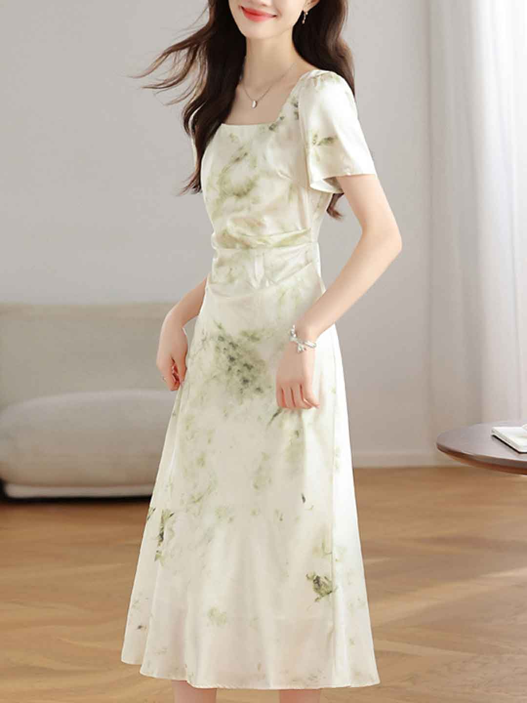 Ariana Elegant Square Neck Satin Printed Dress