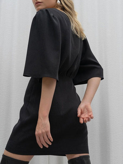Black Short Sleeve V Neck A Line Dress
