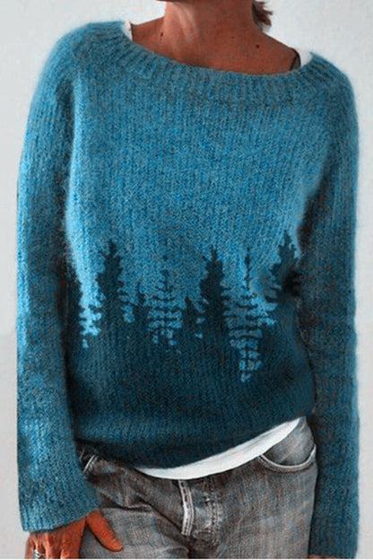 Crewneck Tree Pattern Knit Pullover Sweater(in 2 Colors)