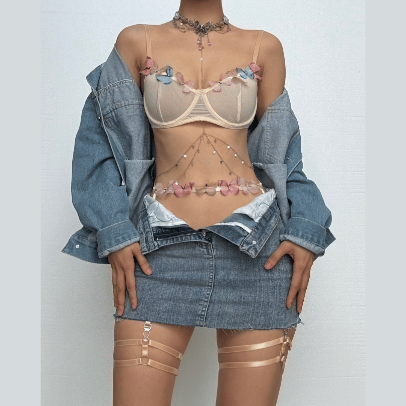 Butterfly pattern mesh garter adjustable cami lingerie set