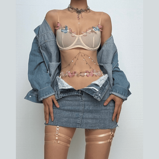Butterfly pattern mesh garter adjustable cami lingerie set