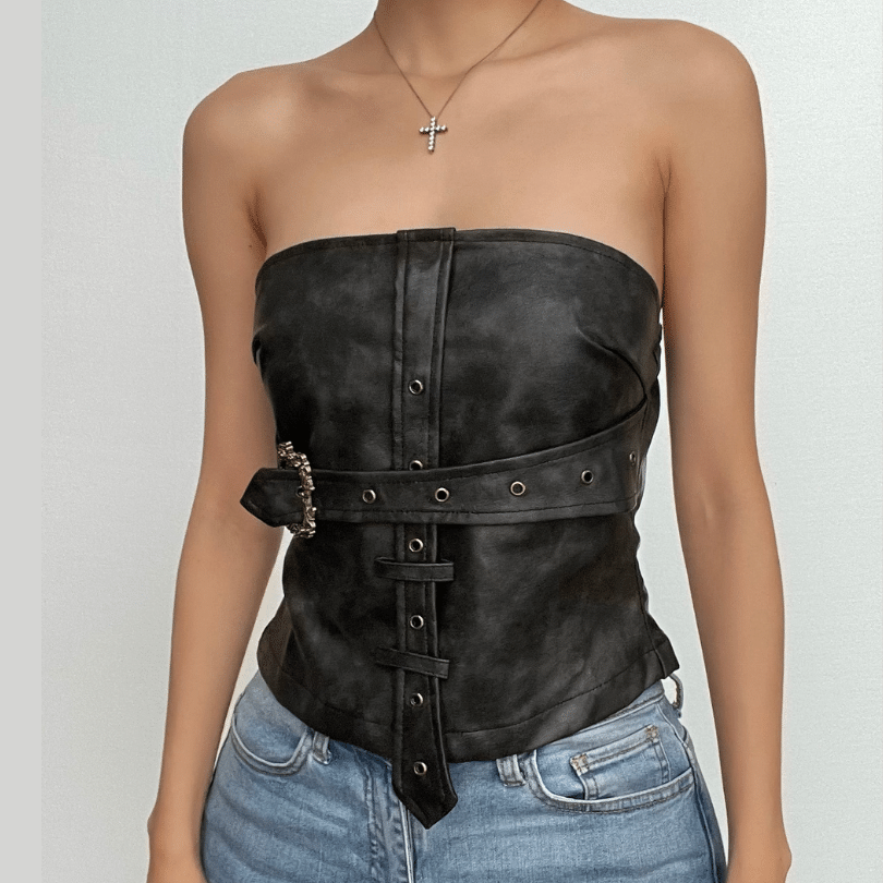 Buckle PU leather zip-up backless tube crop top