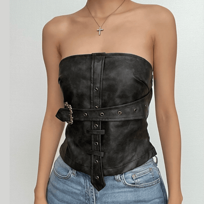 Buckle PU leather zip-up backless tube crop top