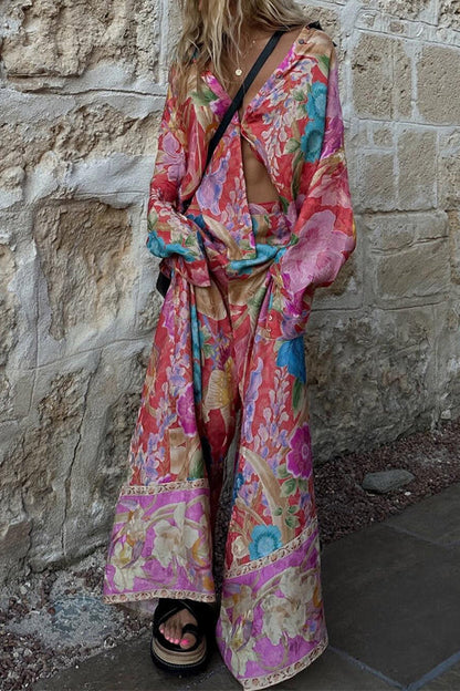 Long Sleeves Button Up Shirt and Wide Leg Pants Floral Print Set