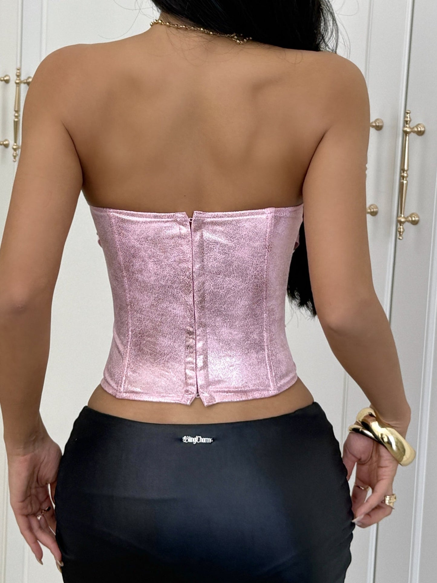 Leather Stitching Lace See-through Herringbone Buckle Backless Tube Top Tank Tops