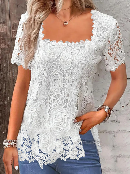 Lace Trim Square Collar Short-sleeved T-shirt