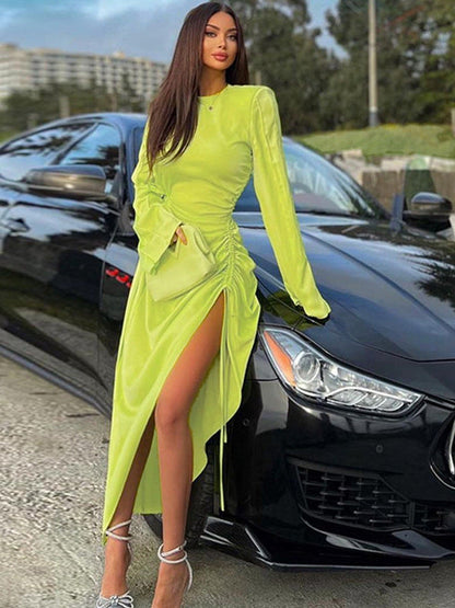 Side Pleated Slit Slim Fitting Round Neck Dress