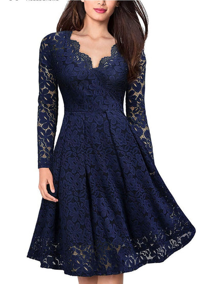 Long Sleeve Lace Solid Color Midi Dresses