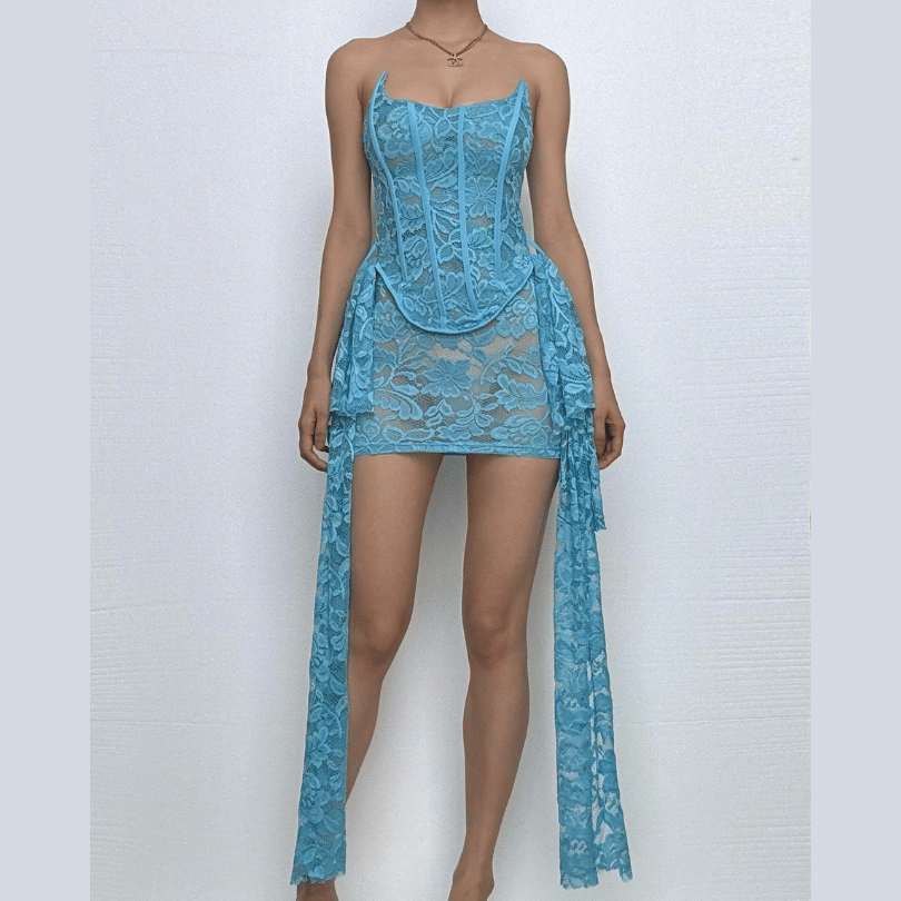Lace bustier ruched see through tube mini dress