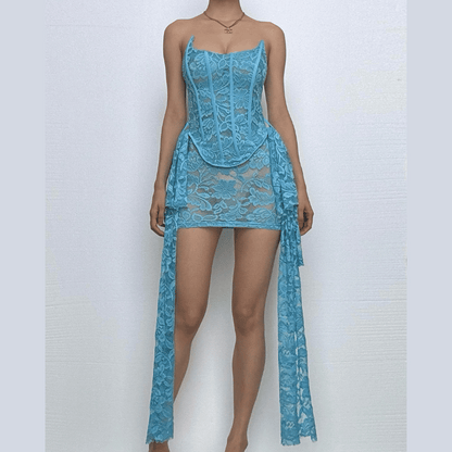 Lace bustier ruched see through tube mini dress
