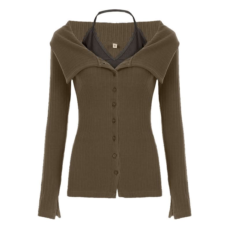 Long sleeve turnover collar halter button 2 piece top