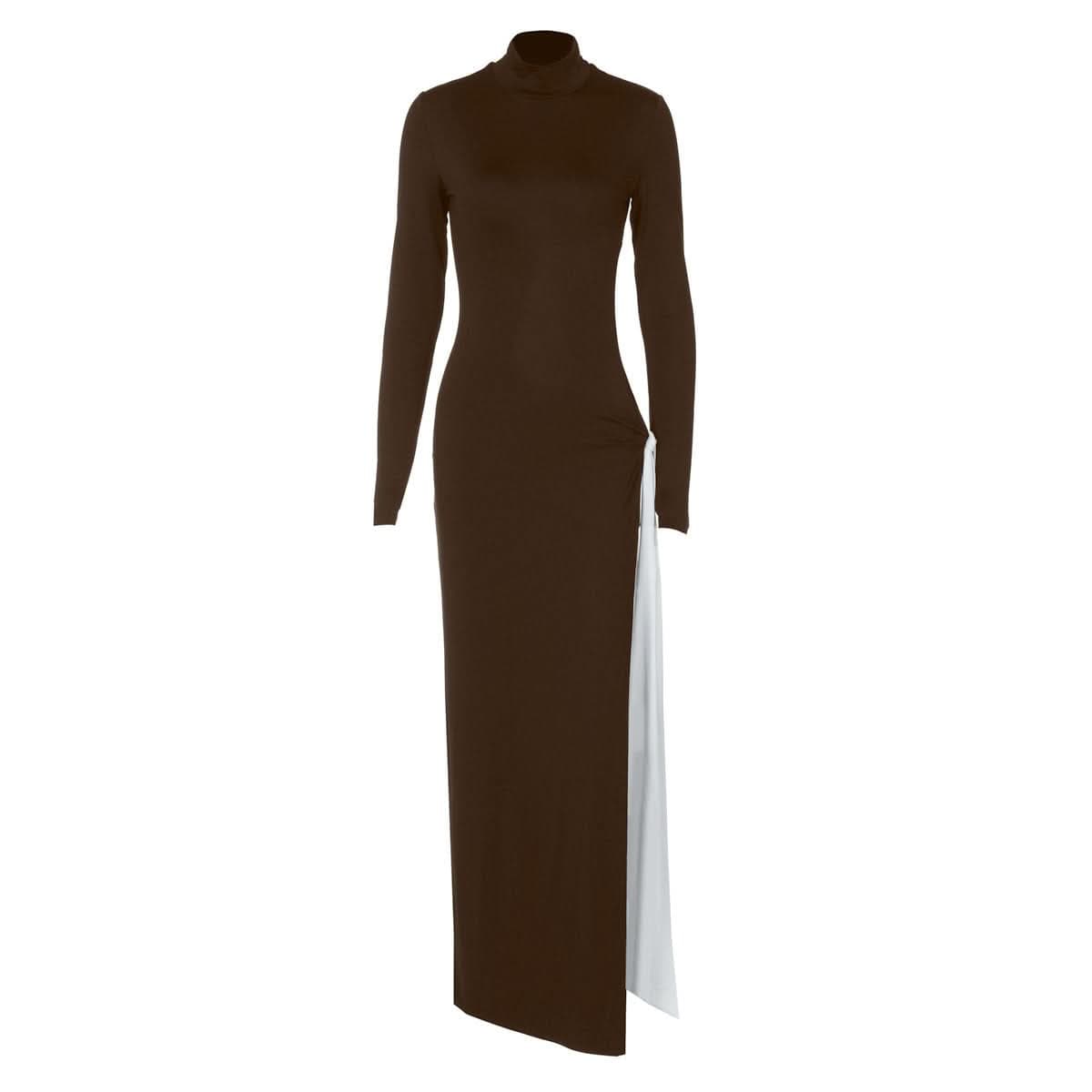 High neck long sleeve hollow out slit knotted cut out maxi dress-final-sale