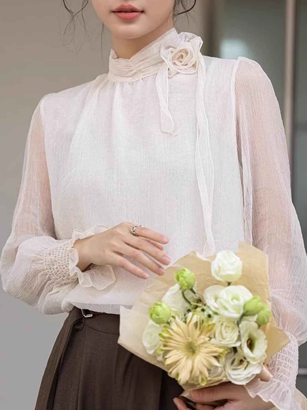 Ava Elegant Half Turtleneck Floral Chiffon Top