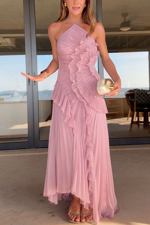 Strappy Halter Neck Ruffle Trim Asymmetric Hem Pleated Maxi Dress