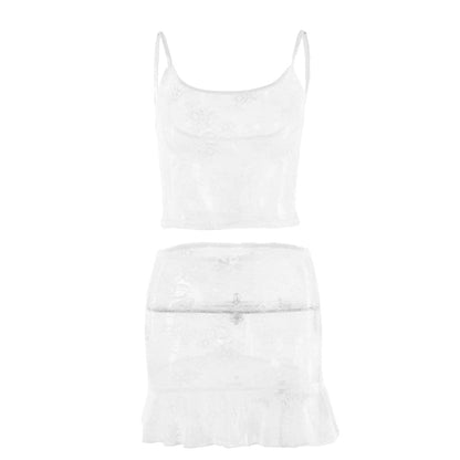U neck lace solid see through bowknot cami mini skirt set