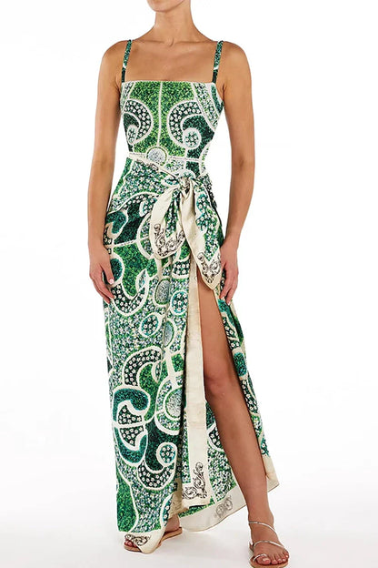 Green Ethnic Print One Piece Swimsuit Set