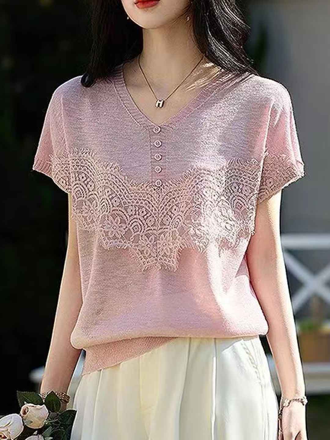 Brooke Vintage V-Neck Lace Panel Knitted Top