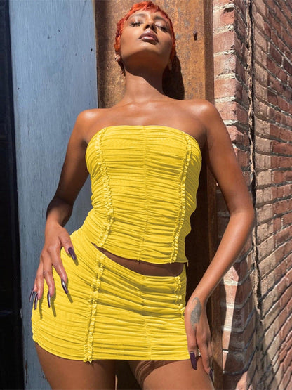 Tube Top Mesh Splicing Skirt Coord Set
