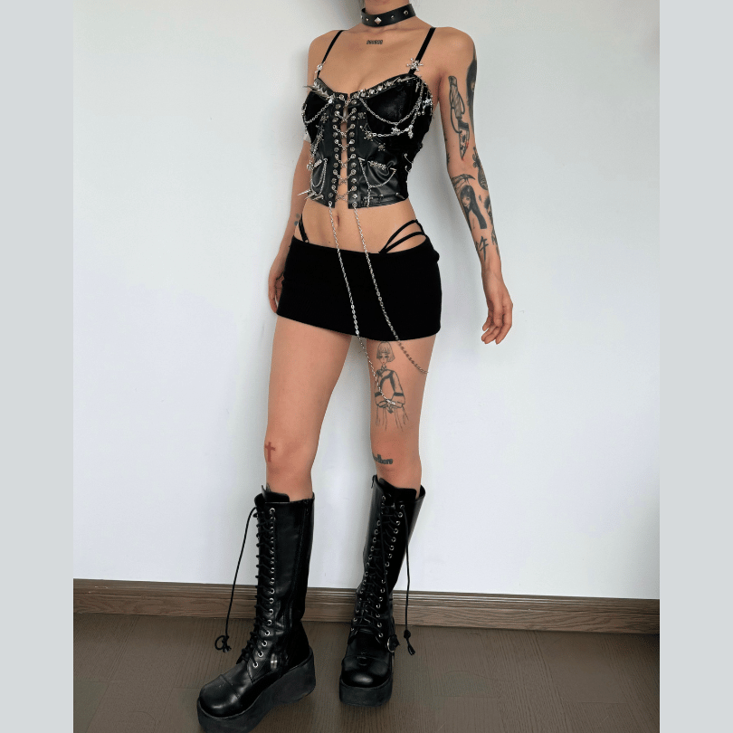 Metal chain rivet lace up PU leather cami top